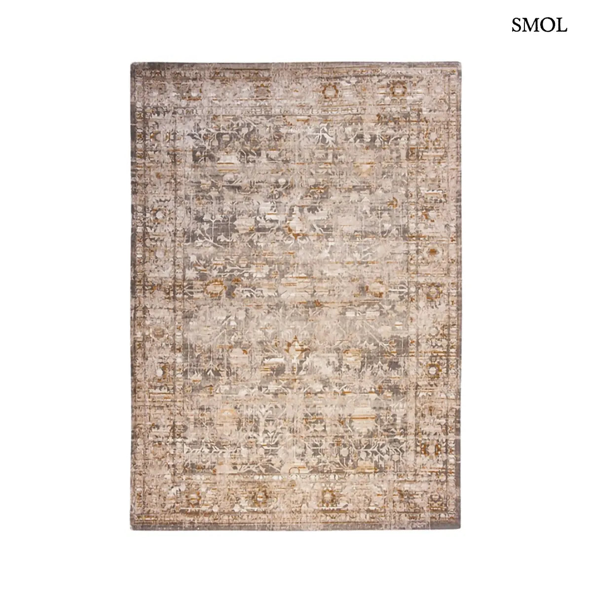 ECO RUG SULEIMAN GREY vintage török mintás szőnyeg szürke-arany kombinációban, koptatott Ushak mintával, fehér háttérrel