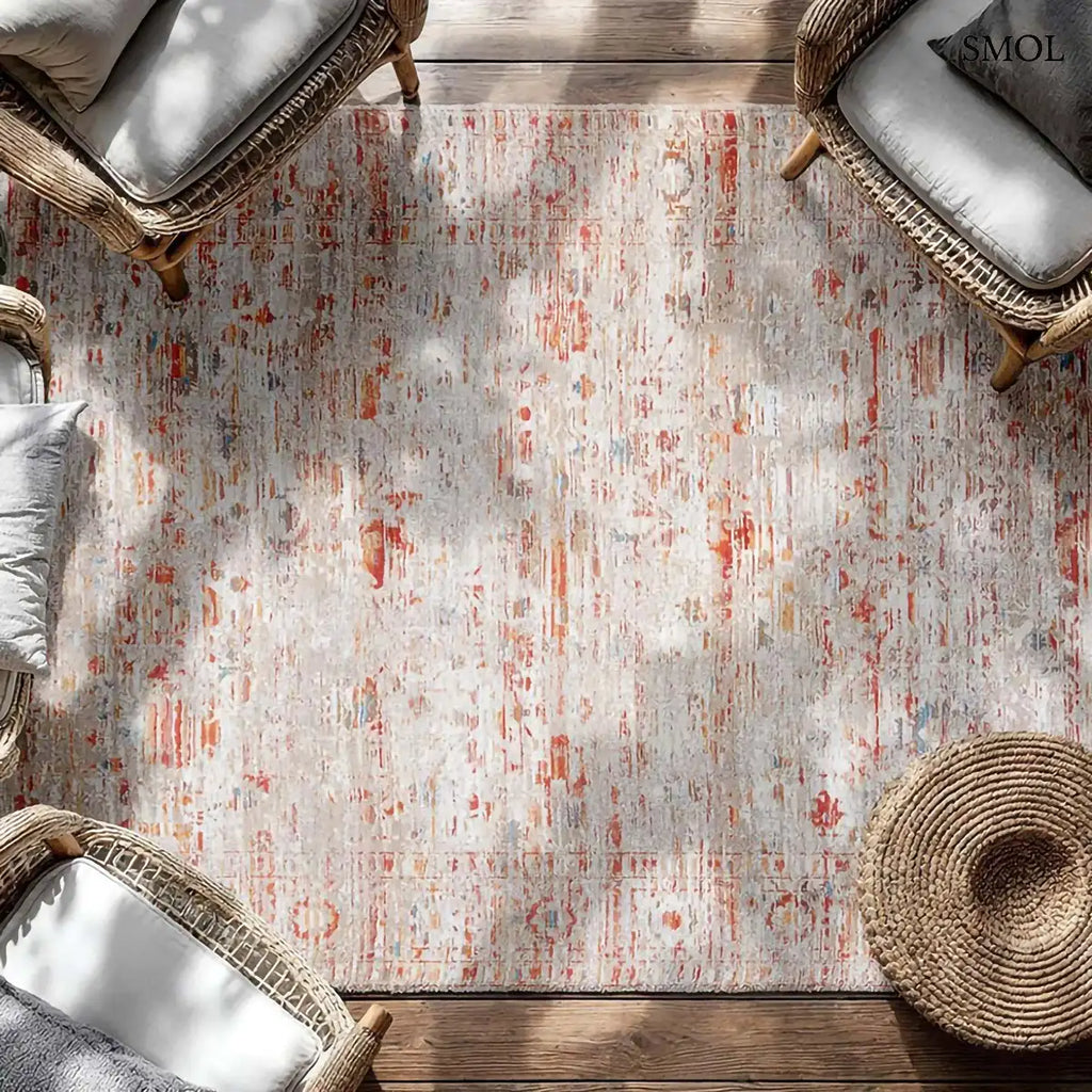 ECO RUG GALATA SUNSET vintage török mintás szőnyeg terrakotta-krém kombinációban, koptatott felülettel, újrahasznosított poliészter, felülről, fotelekkel sarkokban