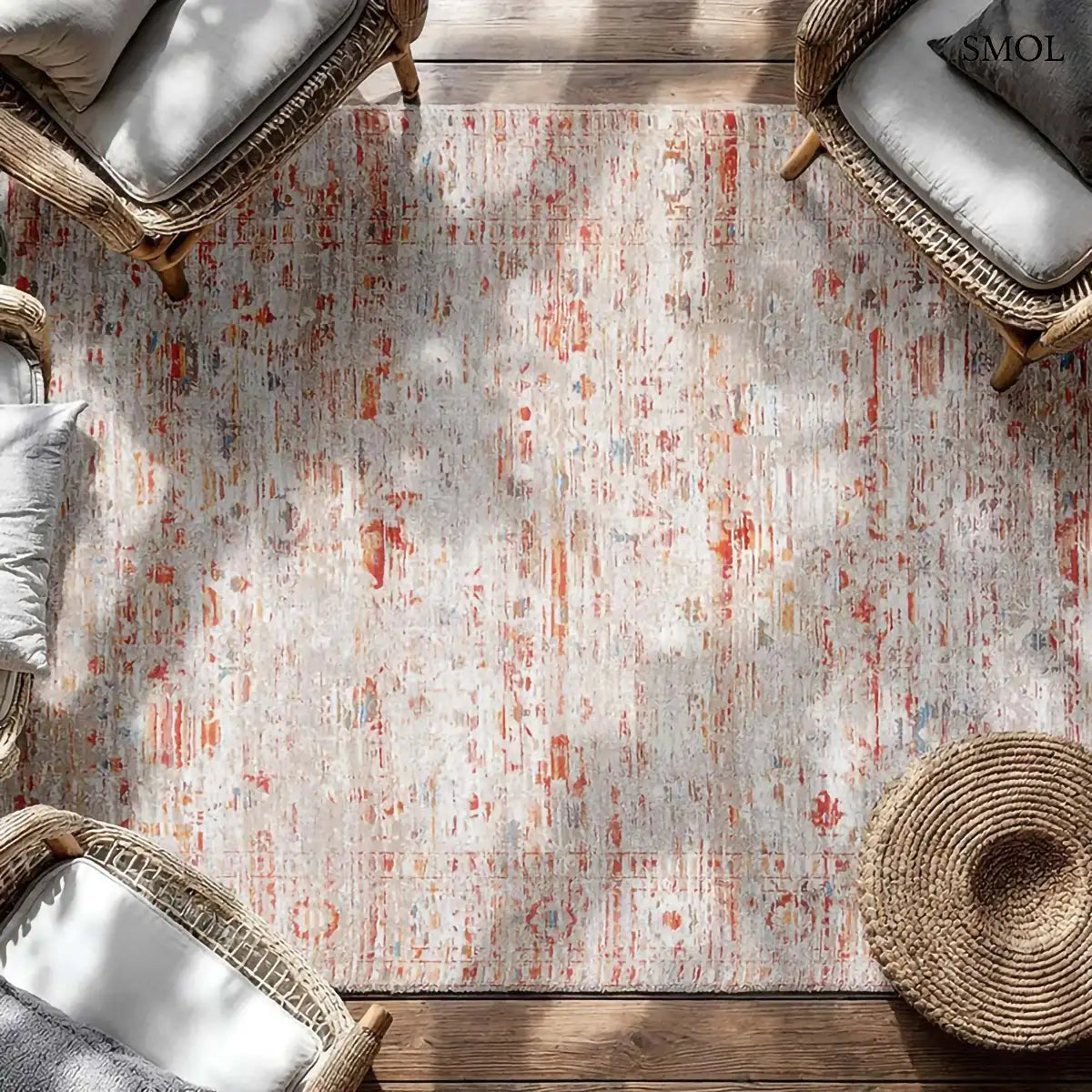 ECO RUG GALATA SUNSET vintage török mintás szőnyeg terrakotta-krém kombinációban, koptatott felülettel, újrahasznosított poliészter, felülről, fotelekkel sarkokban