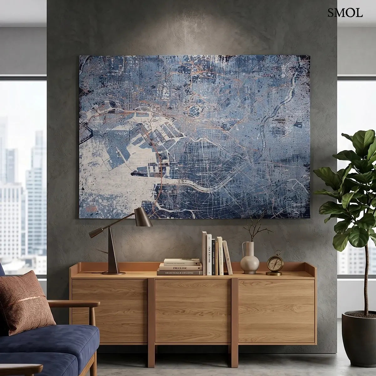 ECO RUG CONDUCTIVE BLUE kék tokiói városképmintás szőnyeg grafikus városkép mintával, lapos szövés, 3 mm – kül- és beltéri, falon