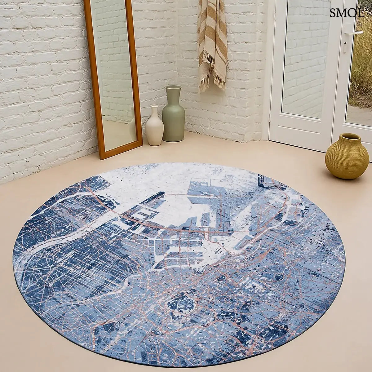 ECO RUG CONDUCTIVE BLUE kék tokiói városképmintás szőnyeg grafikus városkép mintával, lapos szövés, 3 mm – kül- és beltéri, előszobában, kerek formában