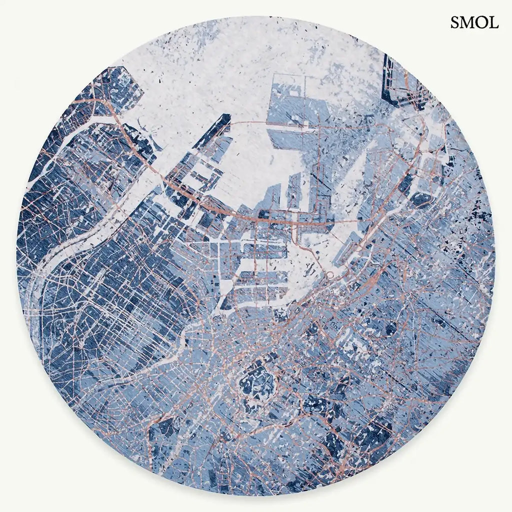 ECO RUG CONDUCTIVE BLUE kék tokiói városképmintás szőnyeg grafikus városkép mintával, lapos szövés, 3 mm – kül- és beltéri, kerek formában, fehér háttérrel