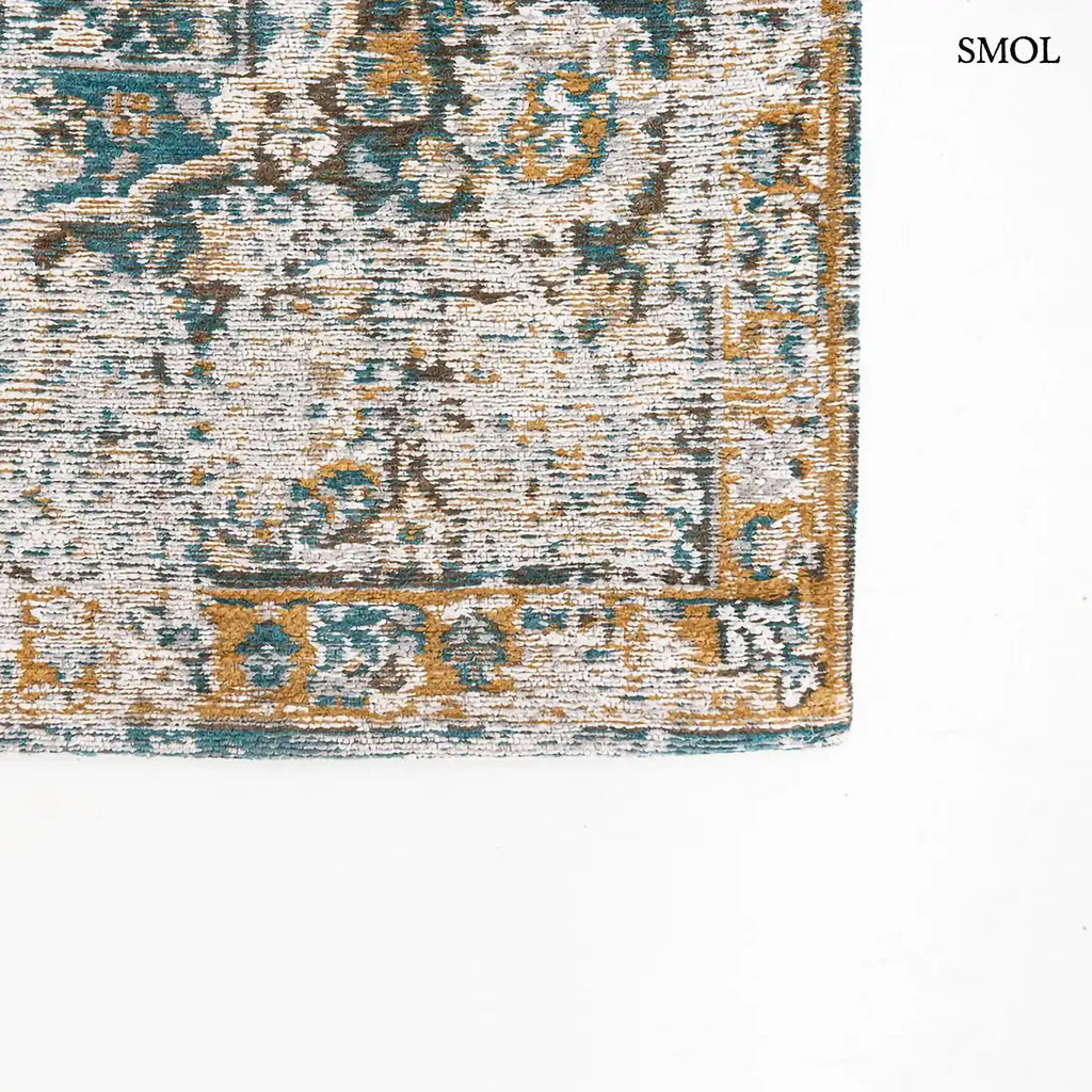 ECO RUG FENER virágos perzsa mintás szőnyeg mustár-türkiz kombinációban, koptatott Bakhtiari motívumokkal, szegély