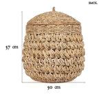 Kézzel fonott banánlevél tároló kosár fedővel, természetes natúr színben. Magas, kerek, méretekkel