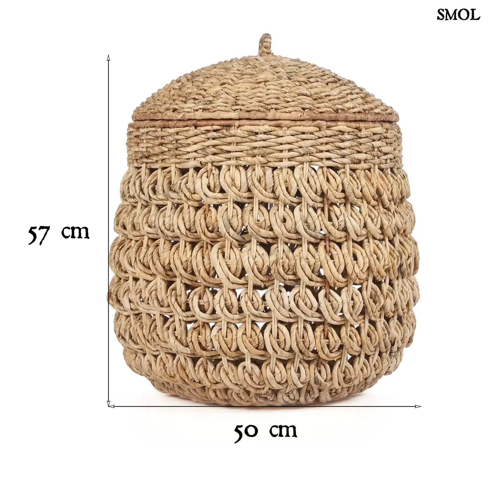 Kézzel fonott banánlevél tároló kosár fedővel, természetes natúr színben. Magas, kerek, méretekkel