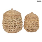 Tároló kosár, fedéllel, vastagon fonott, méhsejtmintás banánlevélből, természetes barna színben, két méretben