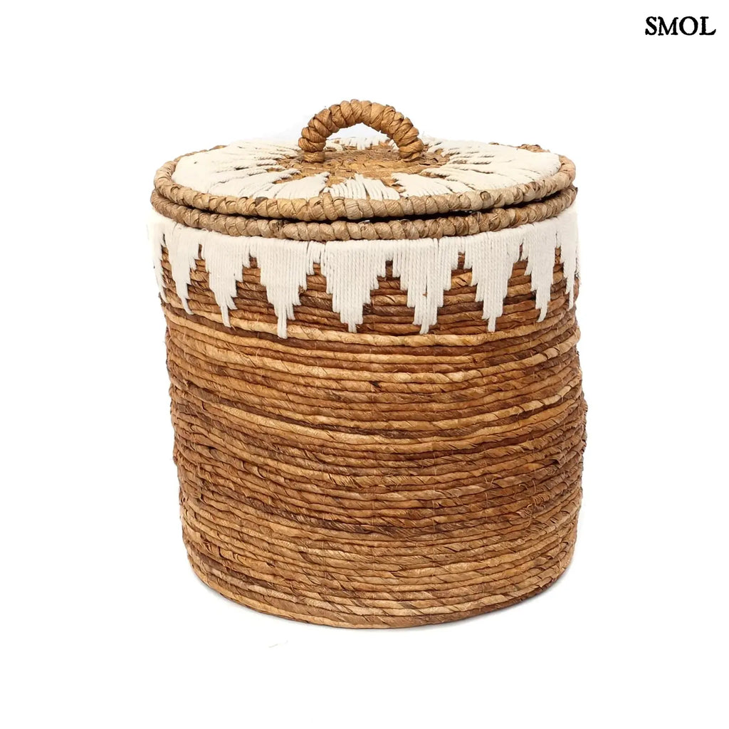 Tárolókosár Banana, banánlevél, M méret, natúr-fehér, fedeles fehér háttérrel