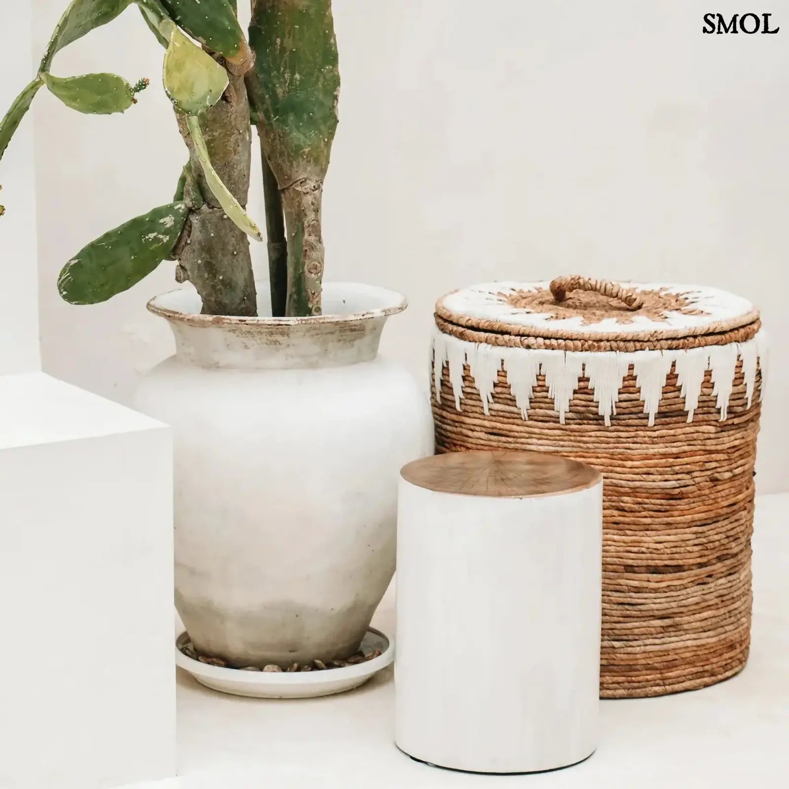 Tárolókosár Banana, banánlevél, M méret, natúr-fehér, fedeles kisasztallal