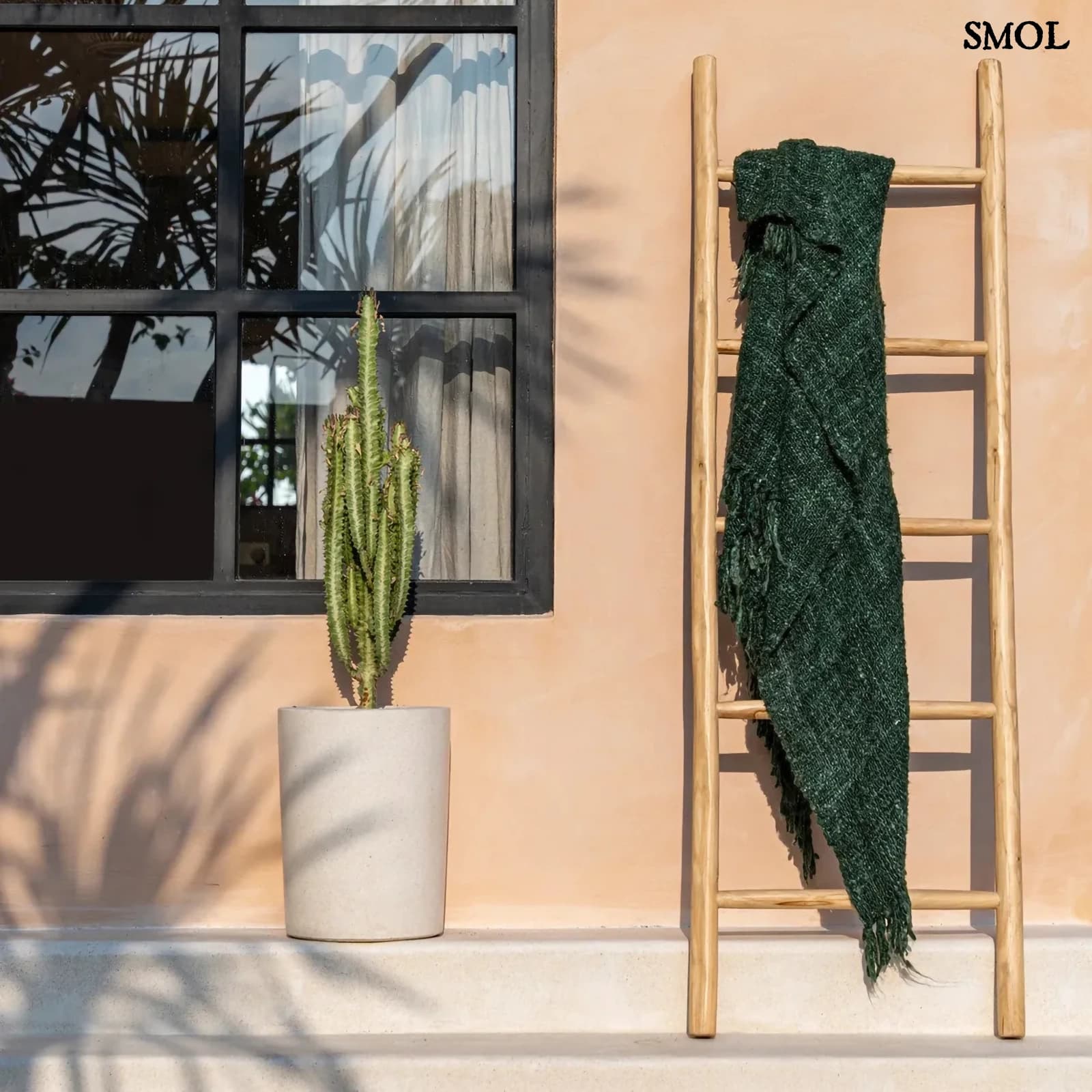 Teakfa Tároló Létra, 165 cm, natúr | TULUM | SMOL - zöld pléddel, növénnyel