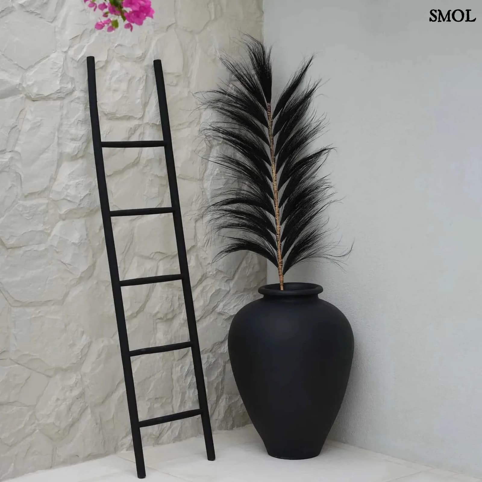 Teakfa Tároló Létra, 165 cm, fekete | TULUM | SMOL - fekete fűvel, kaspóval