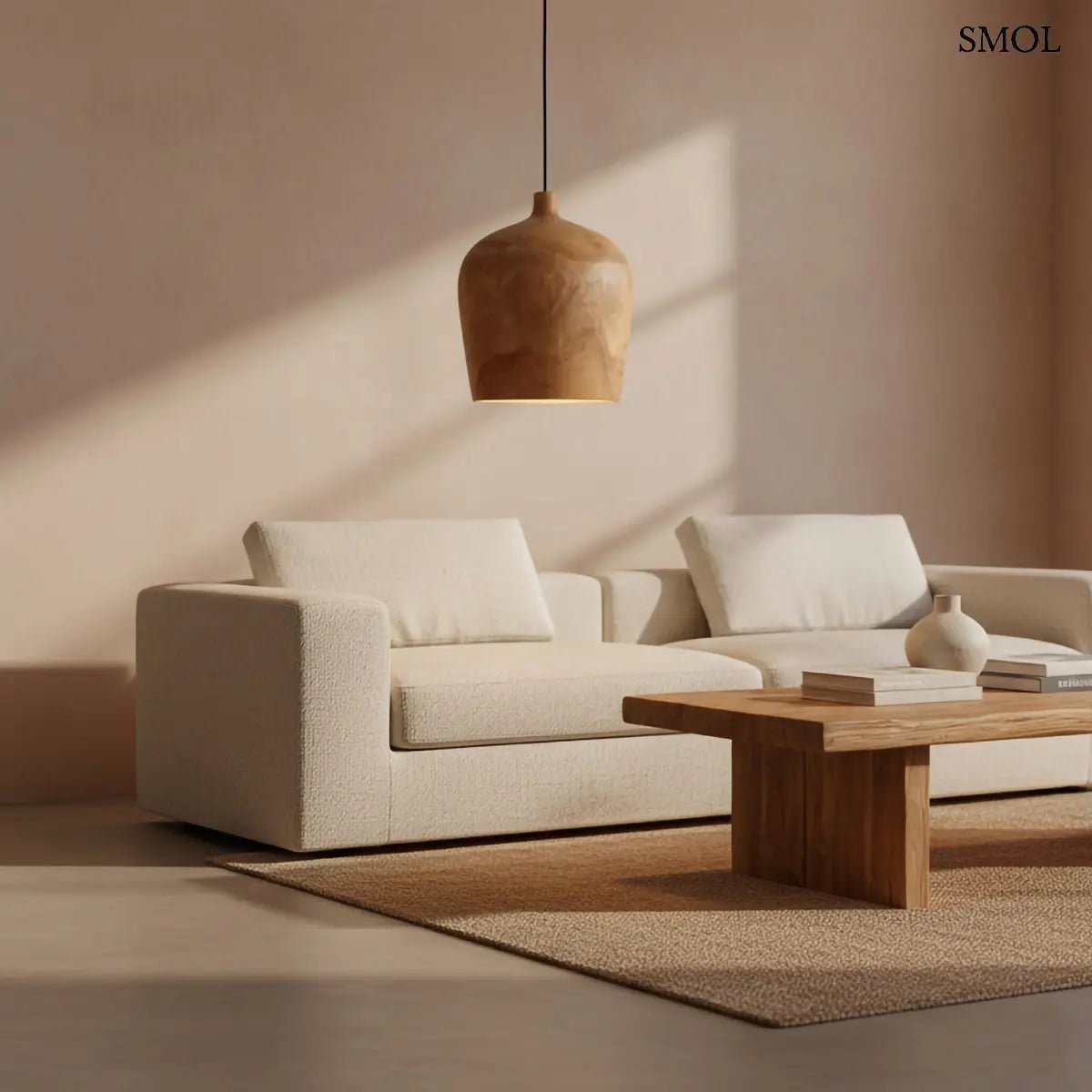 Modern, palack formájú teakfa függőlámpa természetes erezettel és fekete kábellel nappaliban