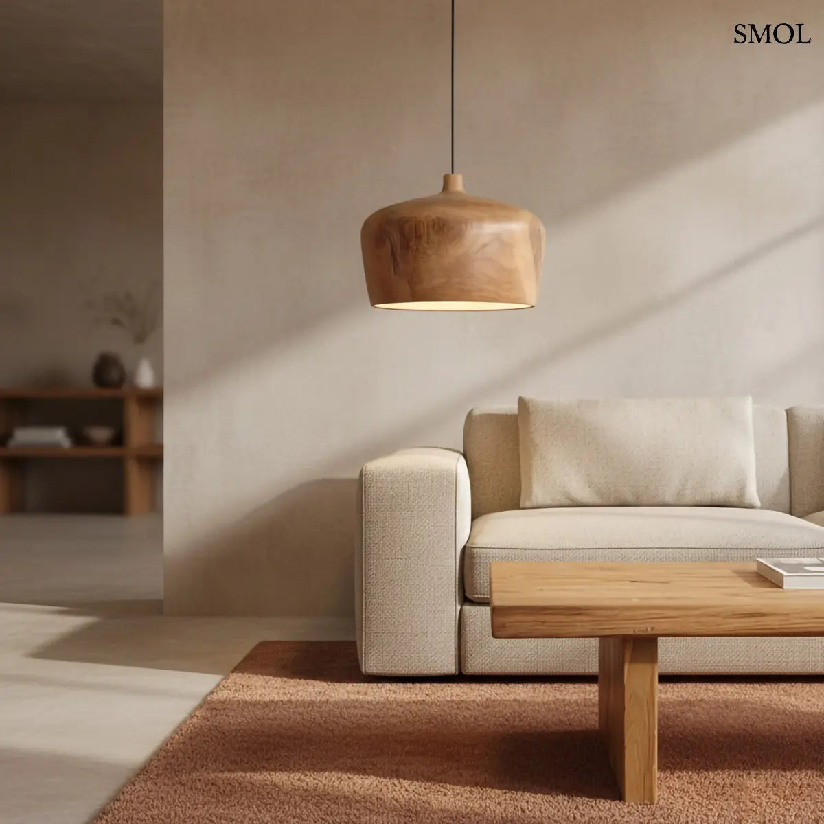 Modern dóm formájú teakfa függőlámpa, nappaliban, kanapéval