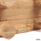 Kézzel faragott, natúr teakfa tálca masszív, rusztikus lábakkal alulról