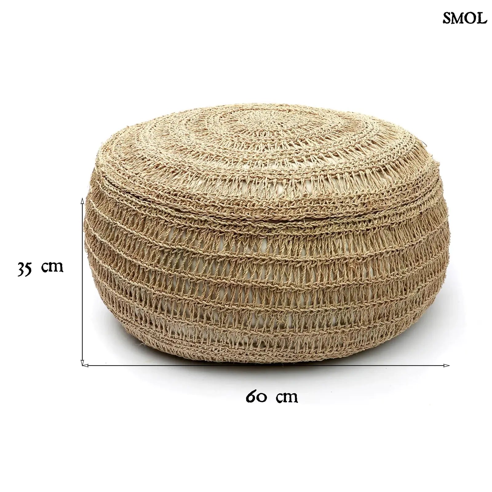 Kézzel fonott, natúr tengerifű puff (ülőke), kerek formájú, vastag fonással méretekkel