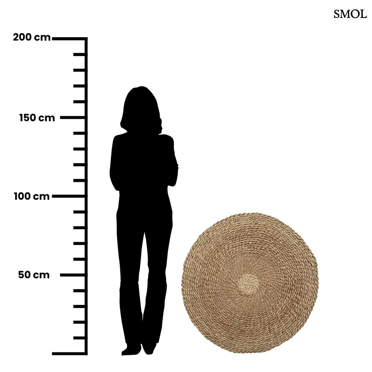 Mekong kerek tengerifű szőnyeg, háromtónusú natúr fonással, 90 cm átmérővel, méretarányosan