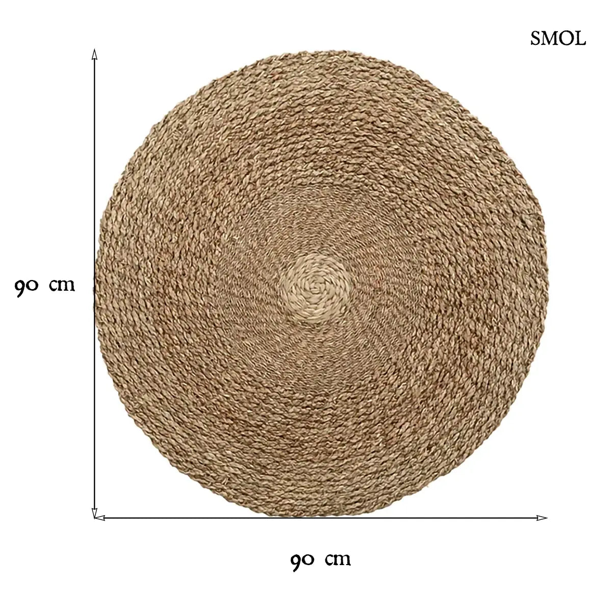 Mekong kerek tengerifű szőnyeg, háromtónusú natúr fonással, 90 cm átmérővel, méretekkel