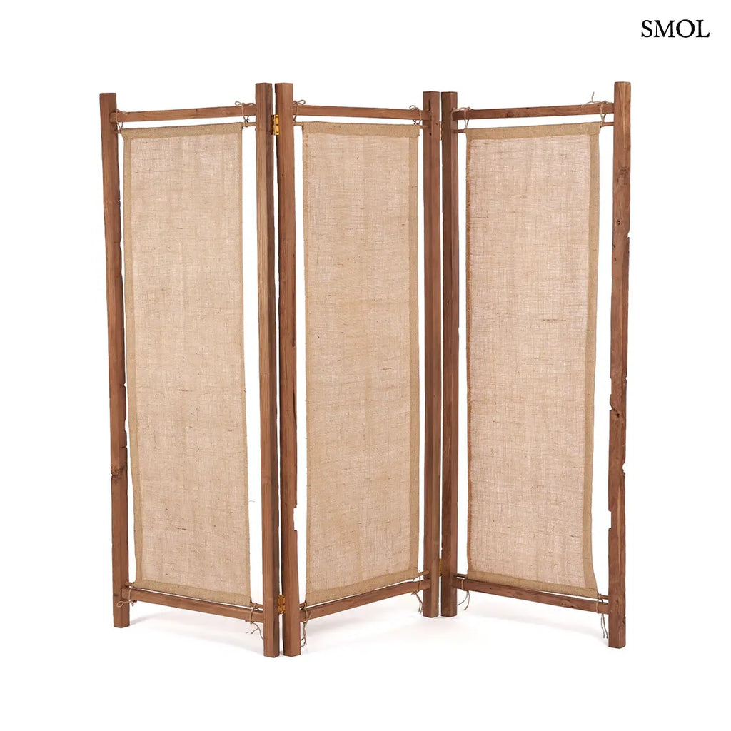 Háromrészes térelválasztó újrahasznosított teak kerettel és juta panelekkel, 205×178 cm, fehér háttérrel