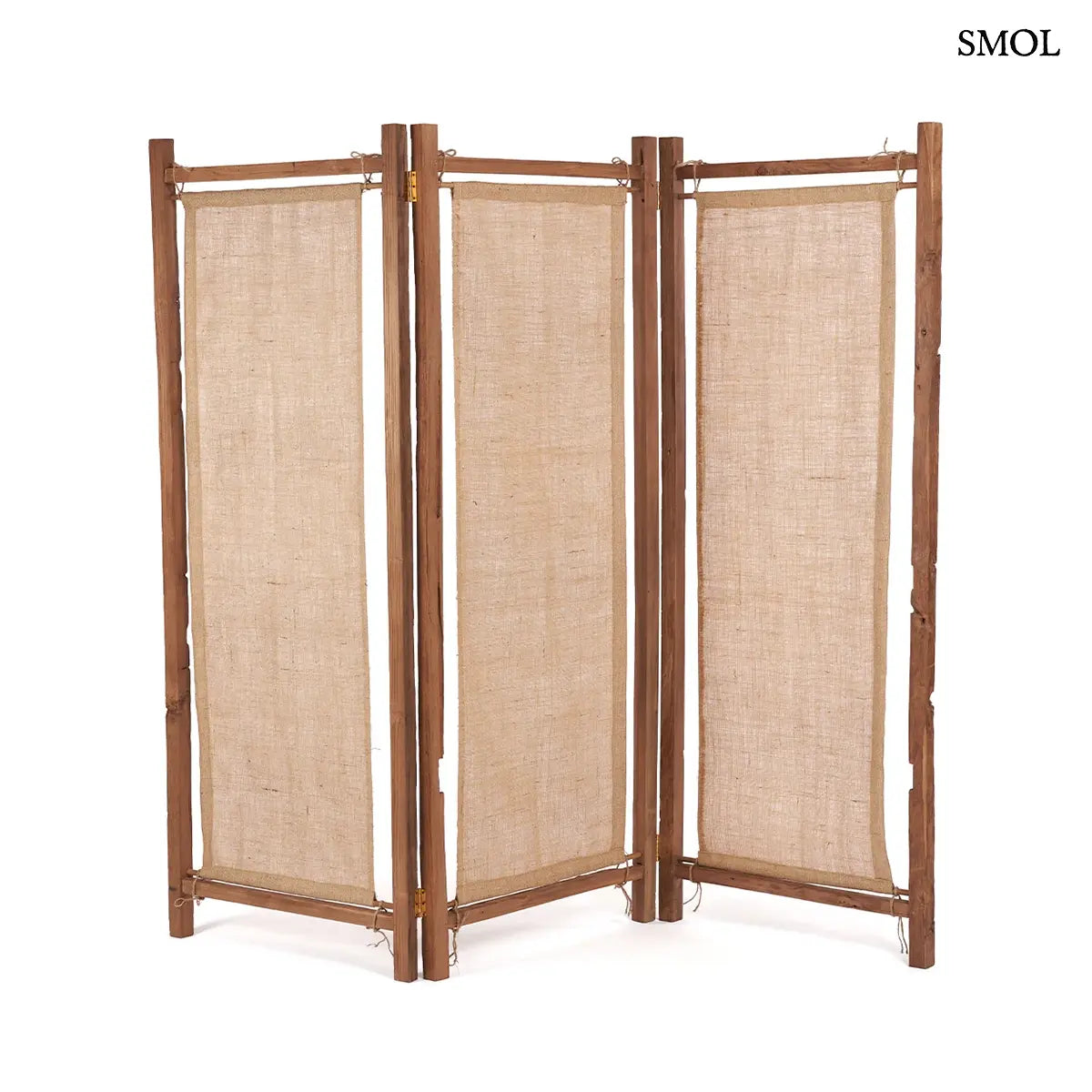 Háromrészes térelválasztó újrahasznosított teak kerettel és juta panelekkel, 205×178 cm, fehér háttérrel