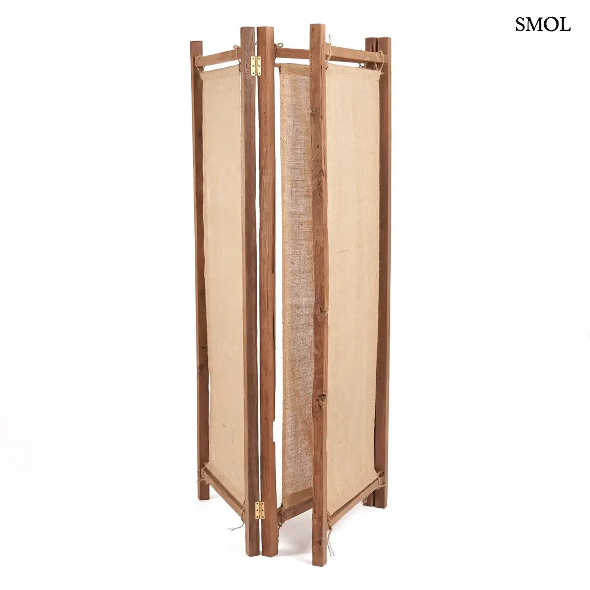 Háromrészes térelválasztó újrahasznosított teak kerettel és juta panelekkel, 205×178 cm, kissé összezárva