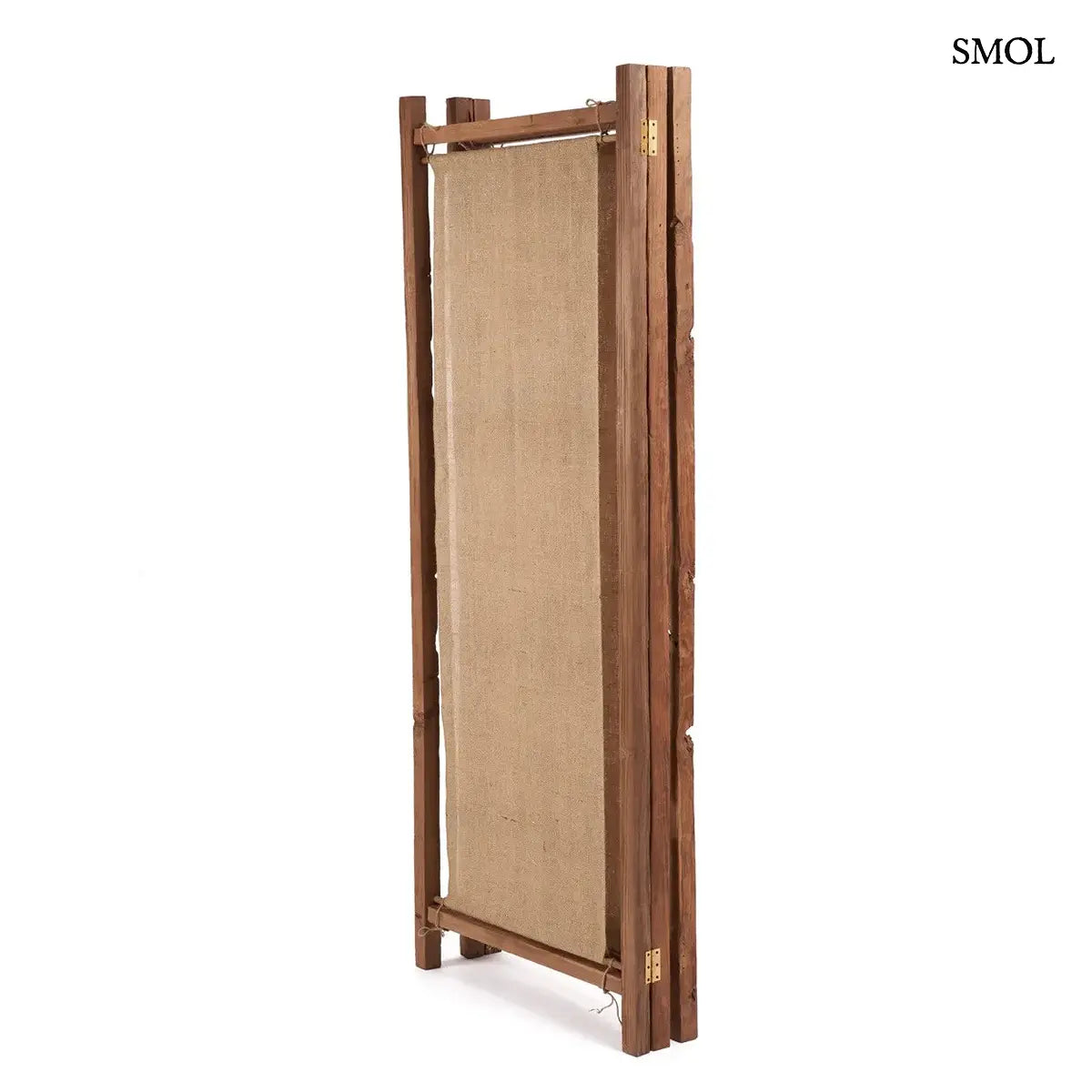 Háromrészes térelválasztó újrahasznosított teak kerettel és juta panelekkel, 205×178 cm, összezárva teljesen