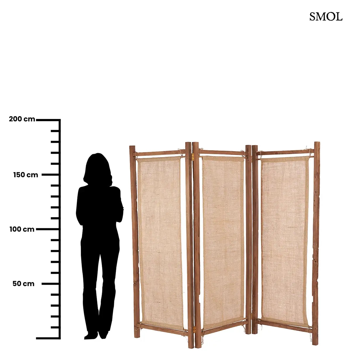 Háromrészes térelválasztó újrahasznosított teak kerettel és juta panelekkel, 205×178 cm, méretarányosan
