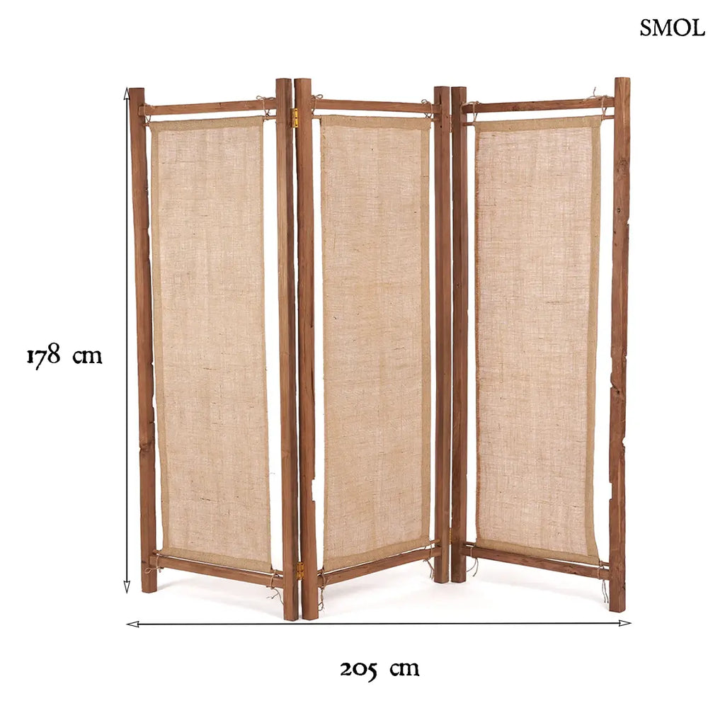 Háromrészes térelválasztó újrahasznosított teak kerettel és juta panelekkel, 205×178 cm, méretekkel
