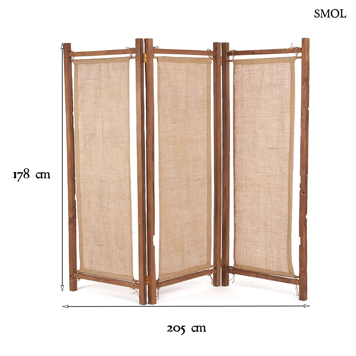 Háromrészes térelválasztó újrahasznosított teak kerettel és juta panelekkel, 205×178 cm, méretekkel