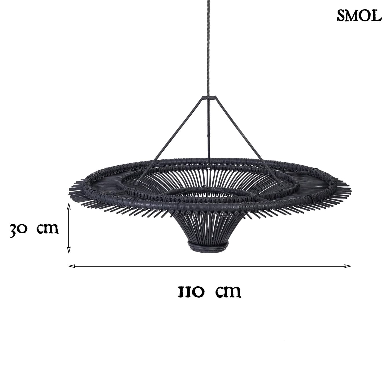 Természetes Rattan Függőlámpaernyő, ⌀110 cm, fekete | SKY | SMOL - méretekkel