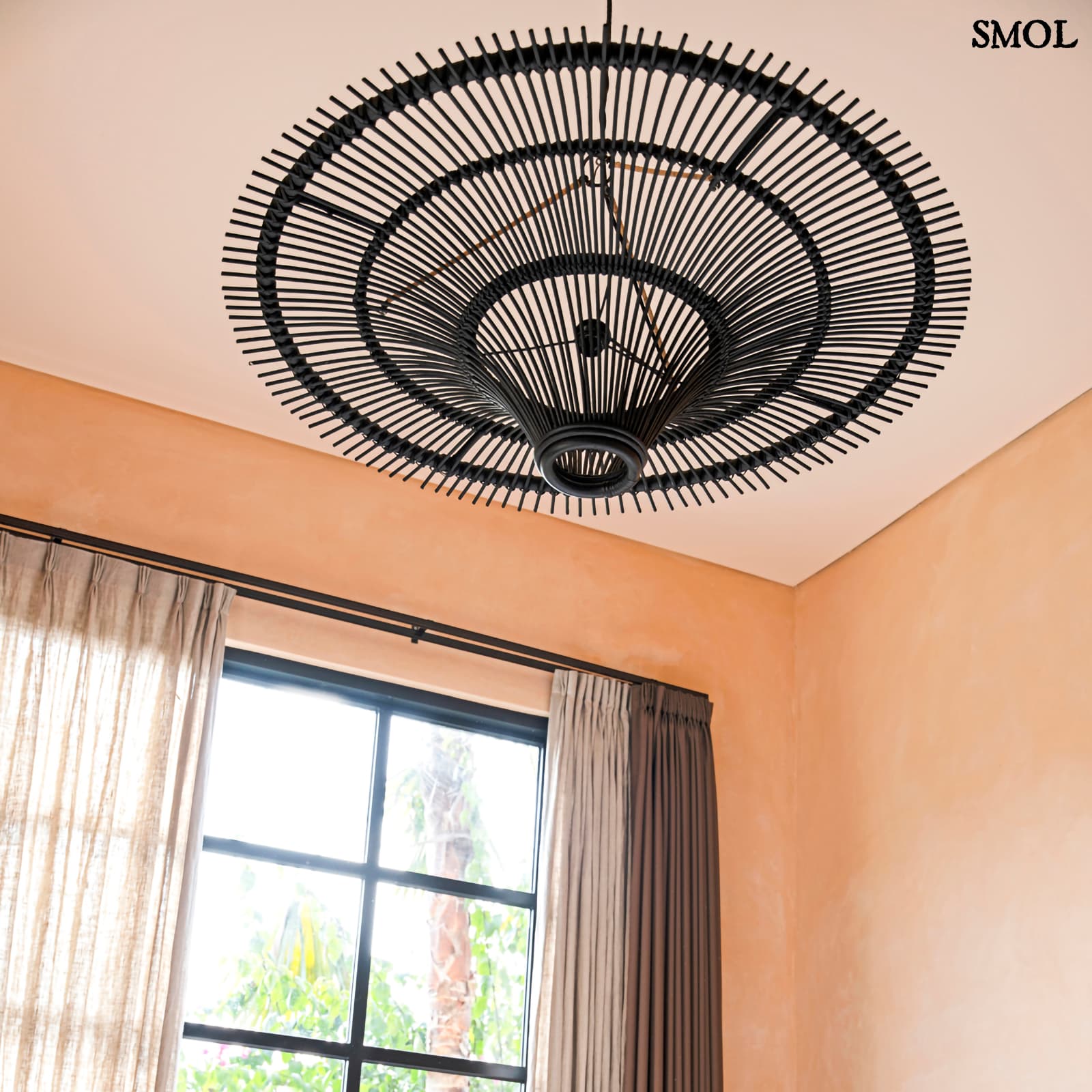 Természetes Rattan Függőlámpaernyő, ⌀110 cm, fekete | SKY | SMOL - hálószobában, alulról