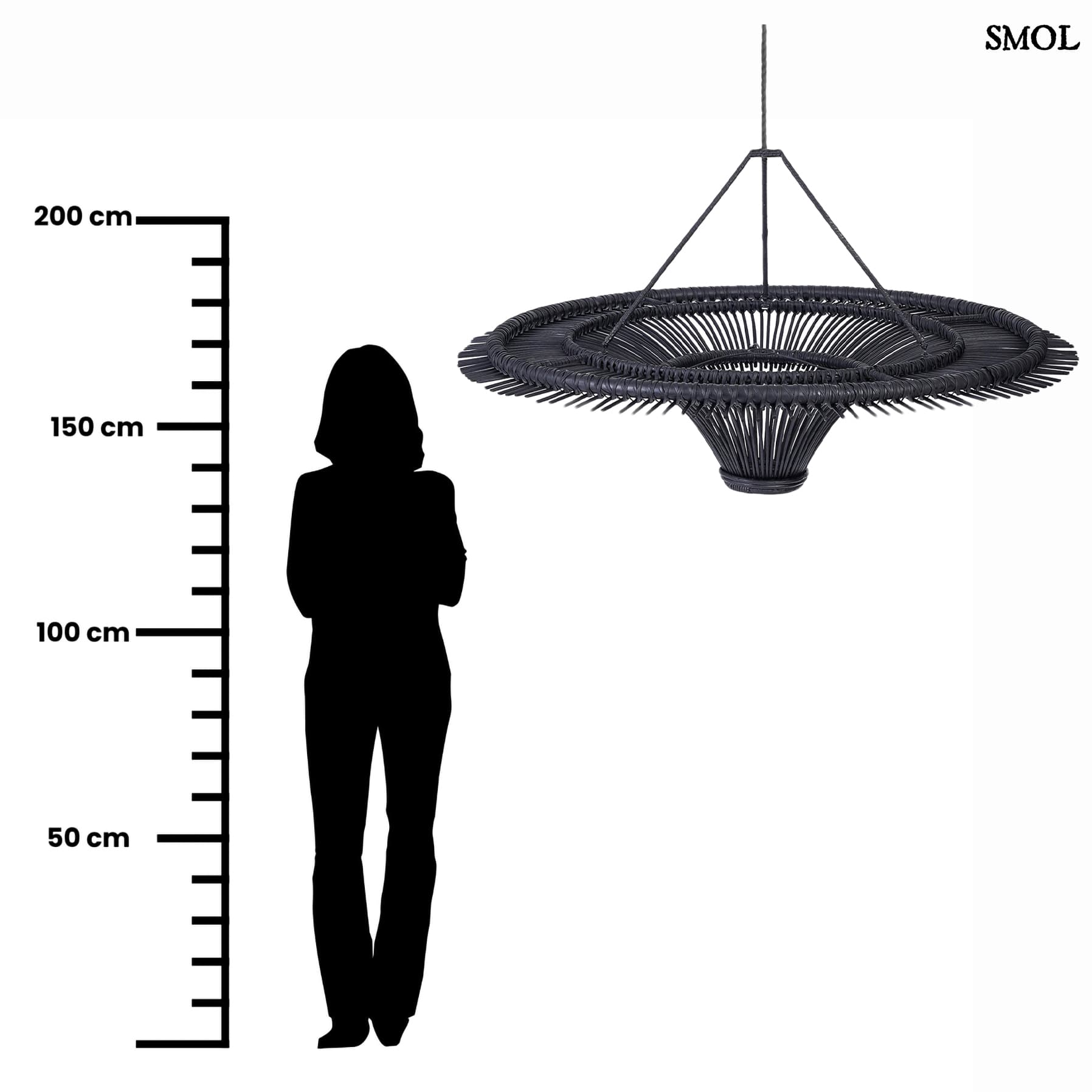 Természetes Rattan Függőlámpaernyő, ⌀150 cm, fekete | SKY | SMOL - méretarányosan