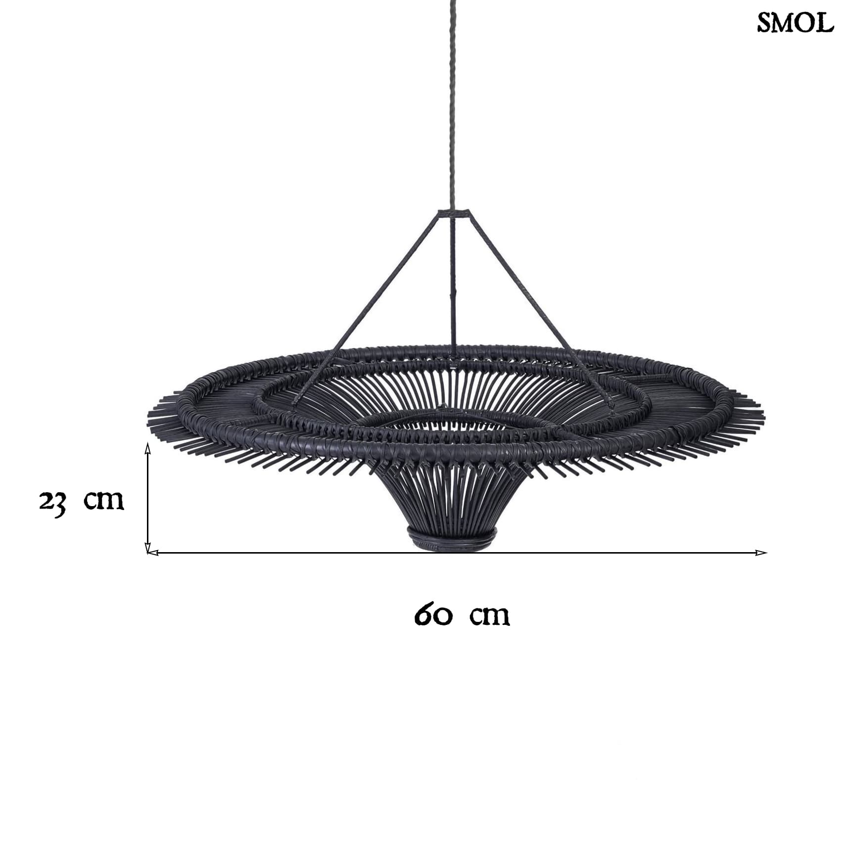 Természetes Rattan Függőlámpaernyő, ⌀60, fekete | SKY | SMOL - méretekkel