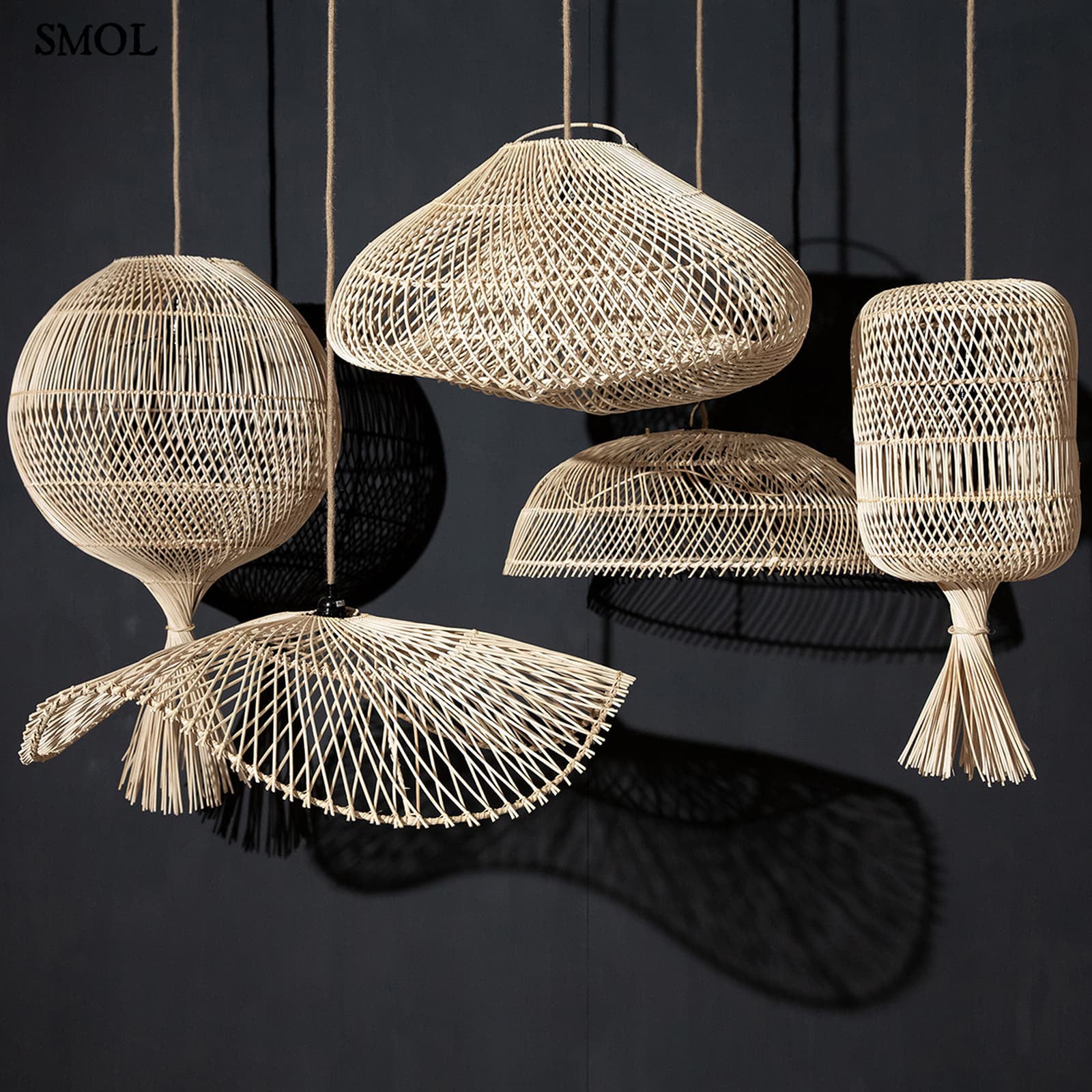 Természetes Rattan Függőlámpaernyő, 60 cm | CLOUD | SMOL - fekete háttérrel, több forma lámpa