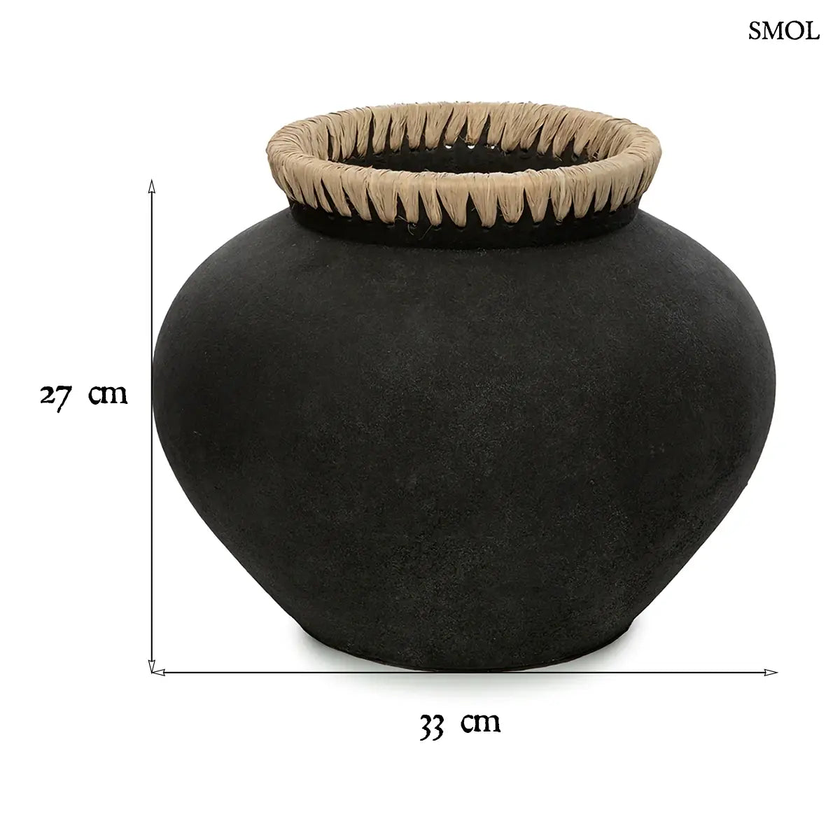 Fekete gömbölyű terrakotta váza raffia szegéllyel, L méret, 33×27 cm, méretekkel