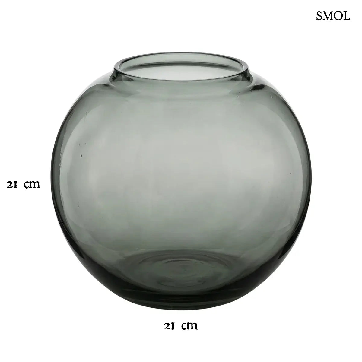 Kerek füstös szürke kézzel fújt üveg váza 21×21 cm, méretekkel