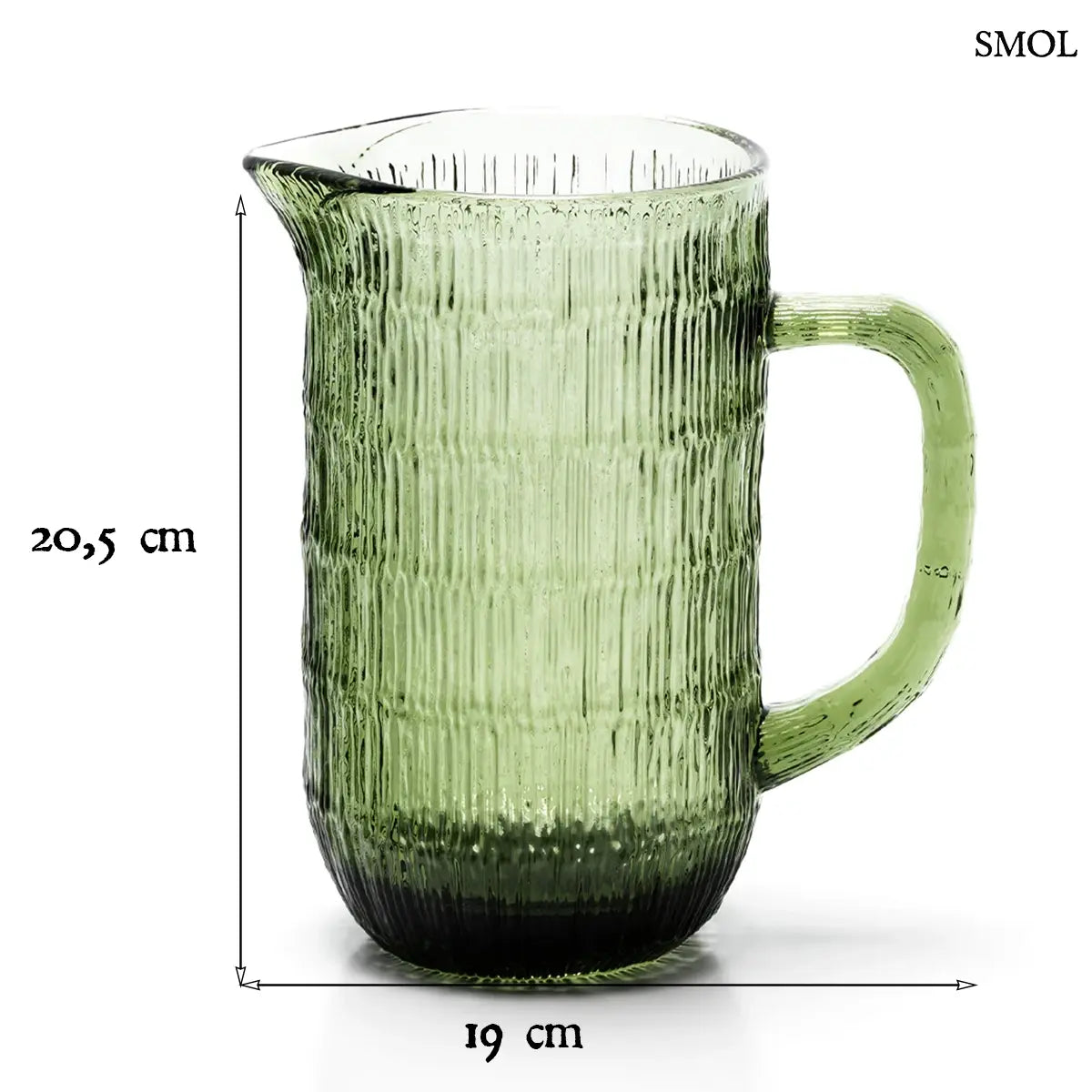 Mohazöld, bordázott üvegkancsó organikus textúrával és kényelmes fogantyúval, méretekkel