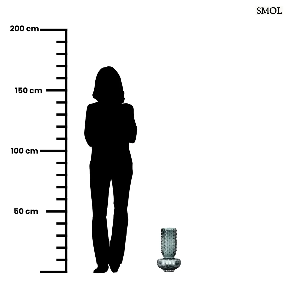Modern kék üvegváza texturált felülettel és karcsú nyakkal, 38 cm magas méretben, méretarányosan