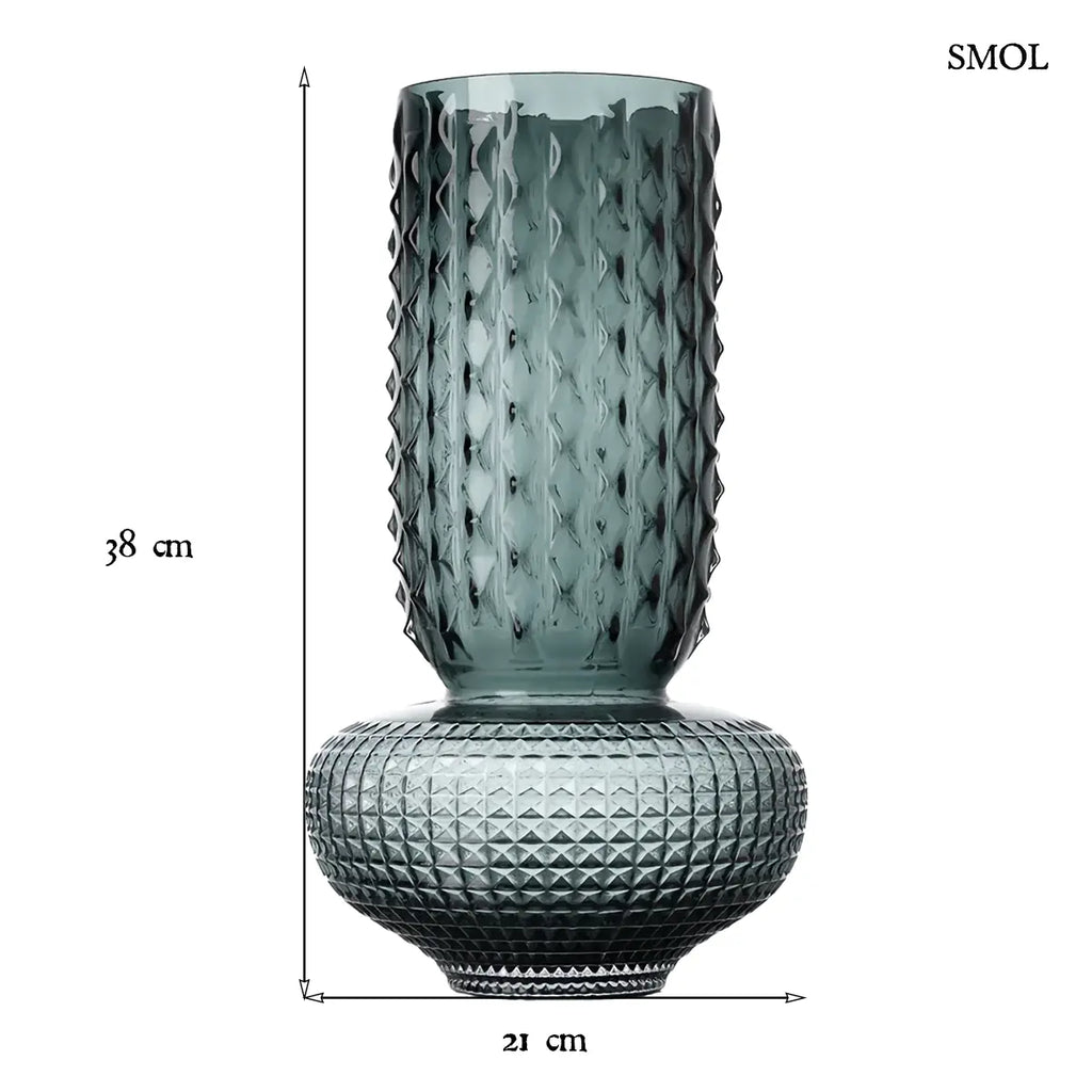 Modern kék üvegváza texturált felülettel és karcsú nyakkal, 38 cm magas méretben, méretekkel