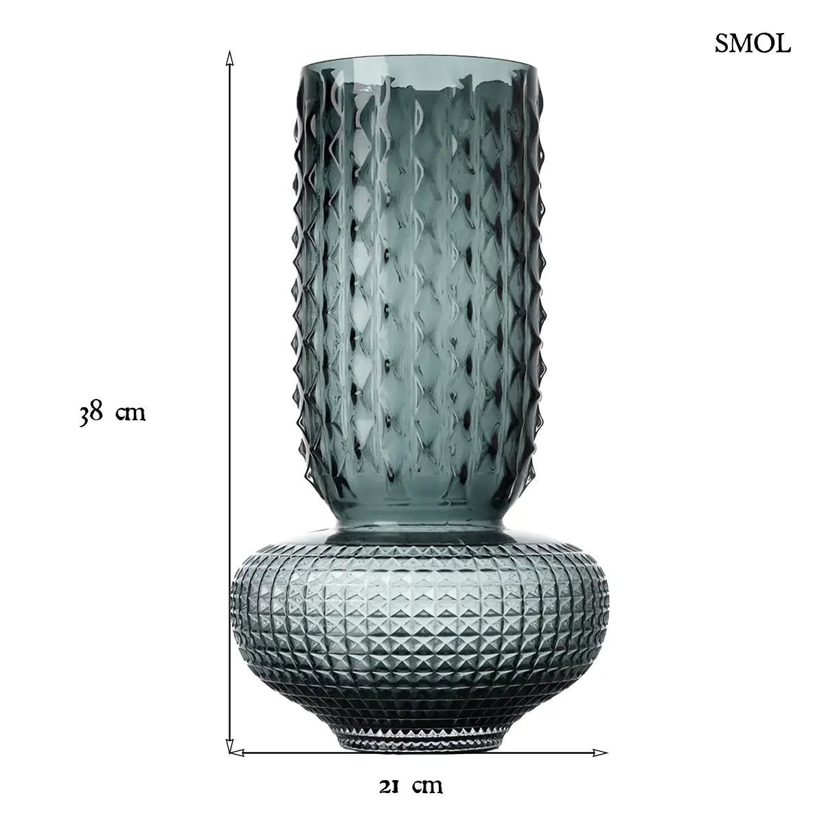 Modern kék üvegváza texturált felülettel és karcsú nyakkal, 38 cm magas méretben, méretekkel