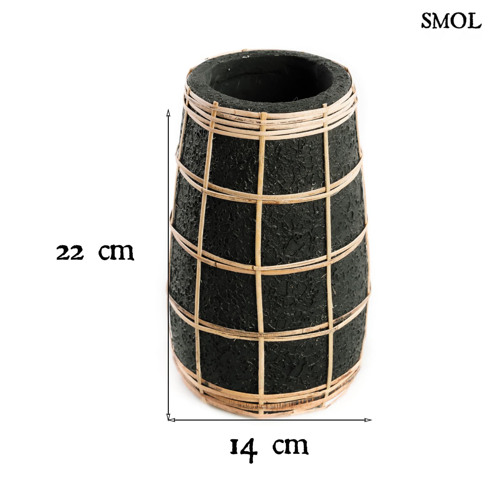 Váza - fekete, terrakotta, rattannal, 22 cm | CLOVE - smol.hu - méretekkel
