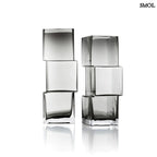 sötétszürke RUMMIKUB üveg váza három, egymásra épített kocka formájú üvegrészből, játékos, eltolt dizájnnal, oldalról, két méretben