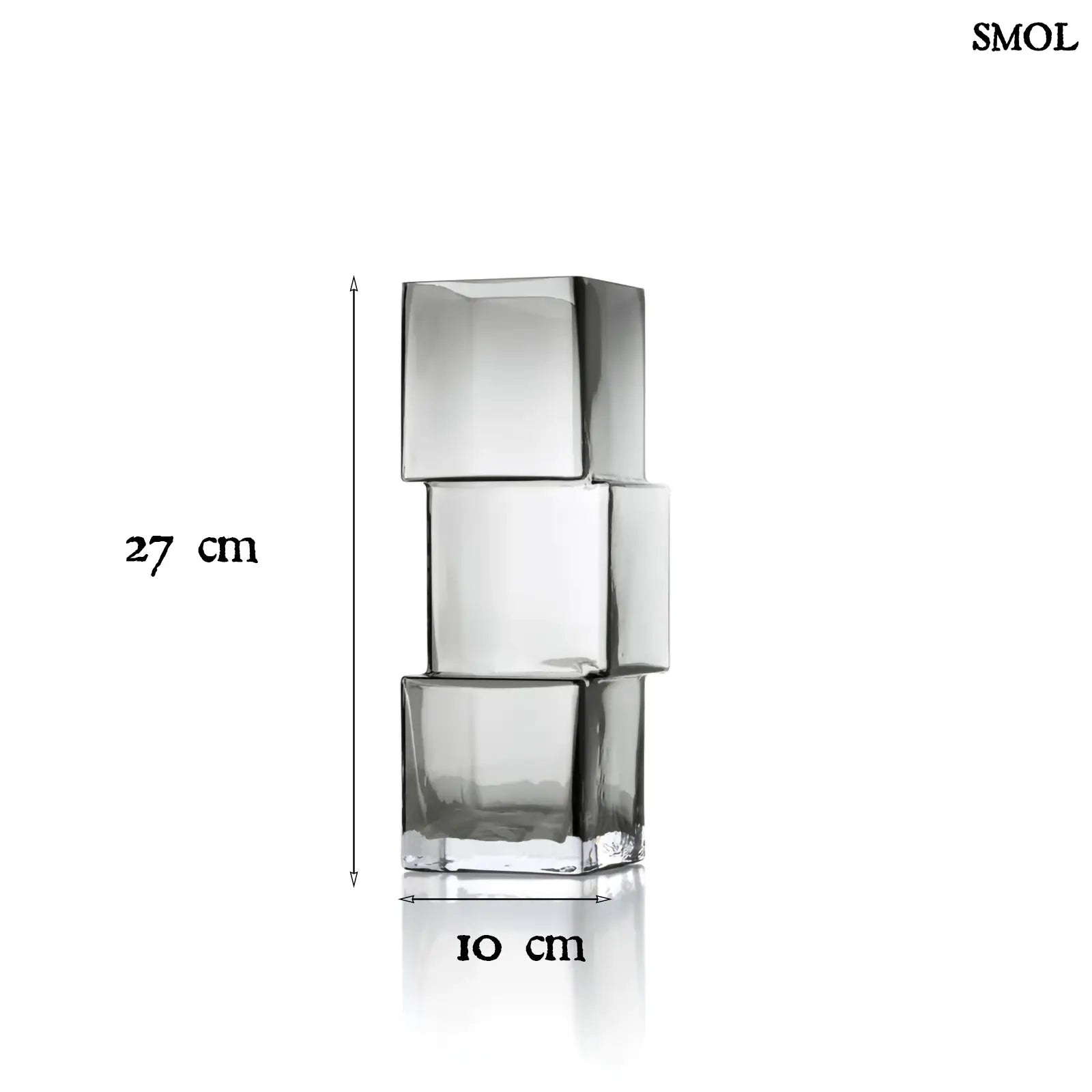 sötétszürke RUMMIKUB üveg váza három, egymásra épített kocka formájú üvegrészből, játékos, eltolt dizájnnal, méretekkel