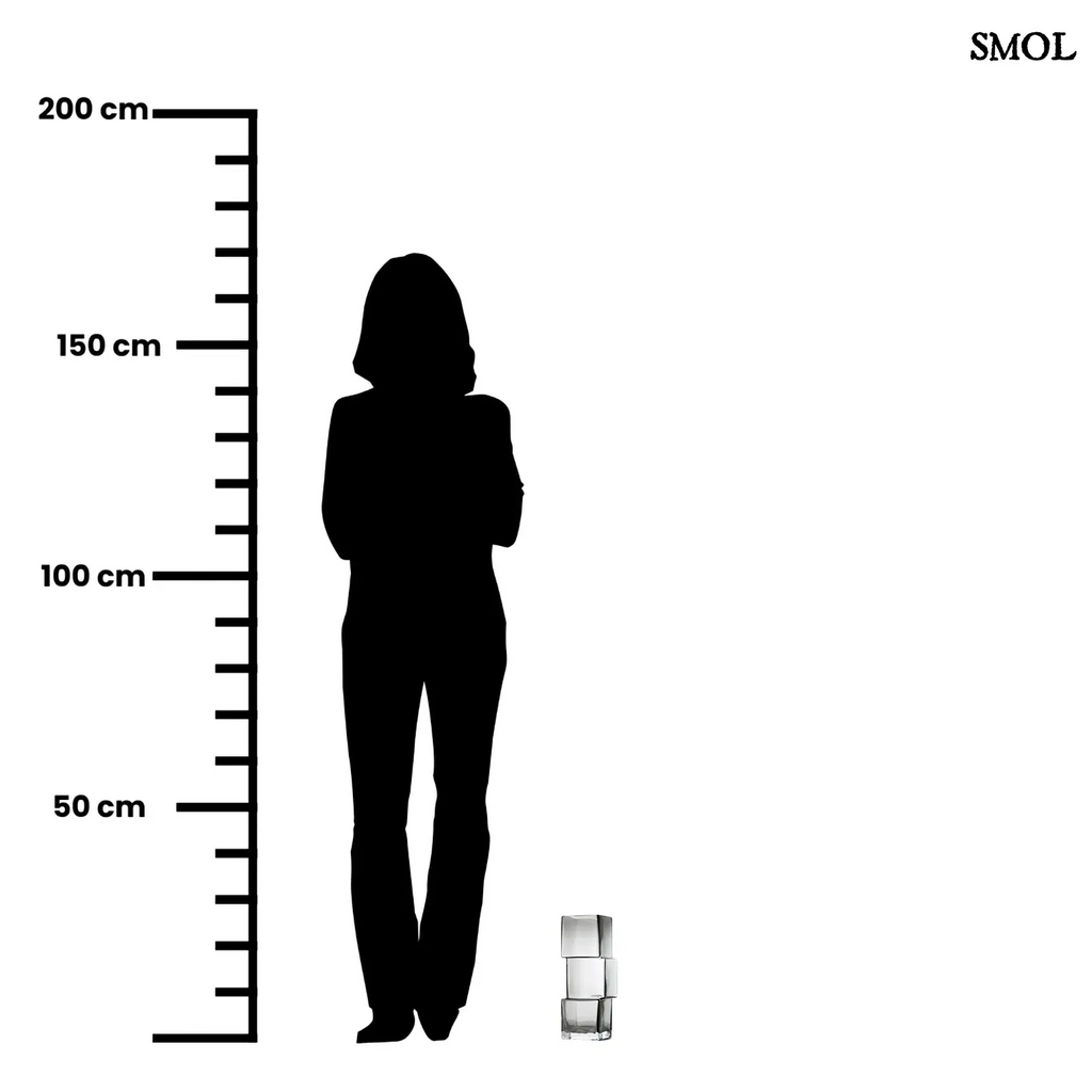 sötétszürke RUMMIKUB üveg váza három, egymásra épített kocka formájú üvegrészből, játékos, eltolt dizájnnal, méretarányosan