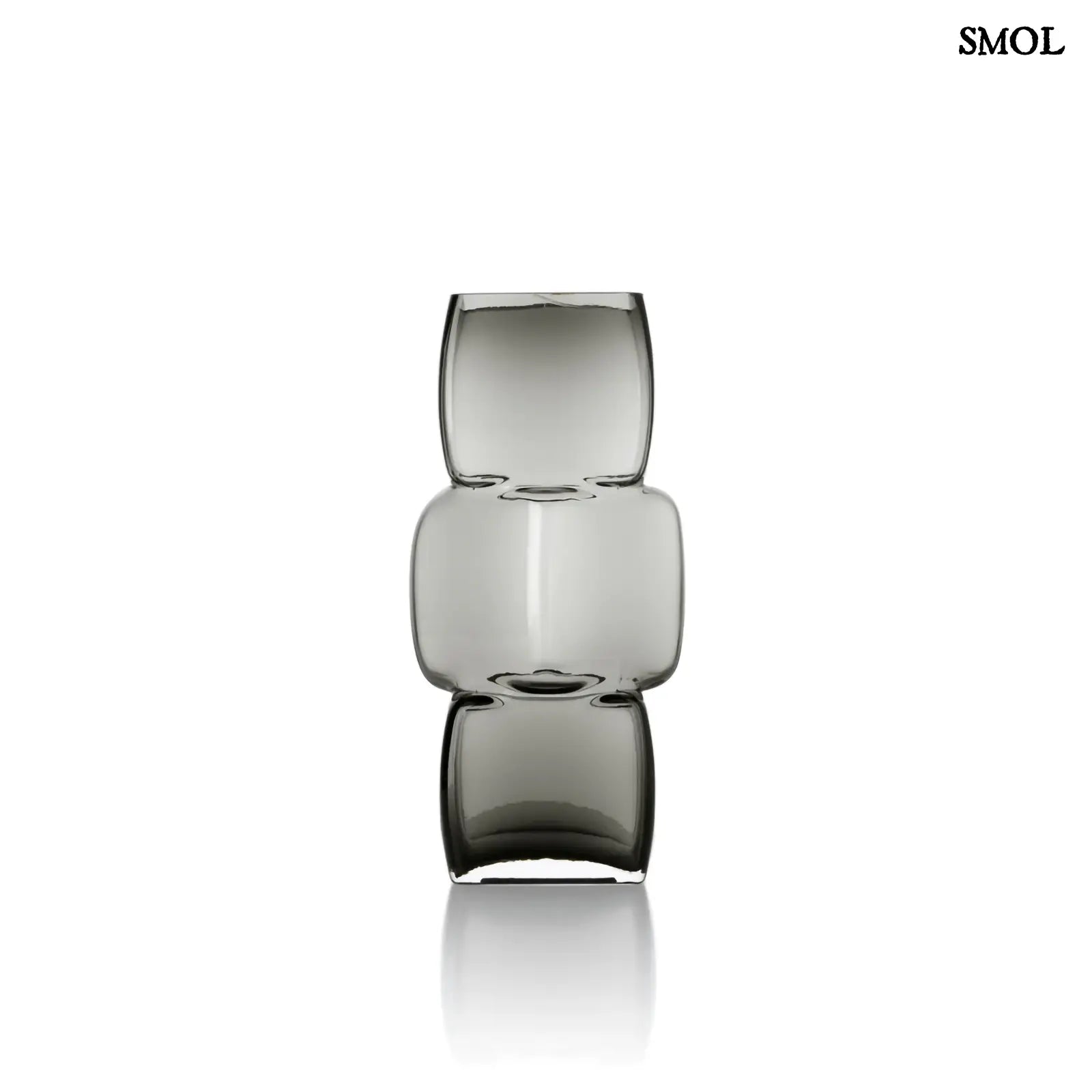 Sötétszürke, három részből álló, kocka formájú, újrahasznosított üveg váza, elforgatva