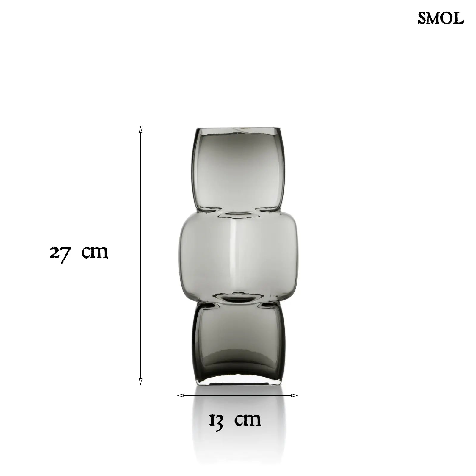 Sötétszürke, három részből álló, kocka formájú, újrahasznosított üveg váza, méretekkel