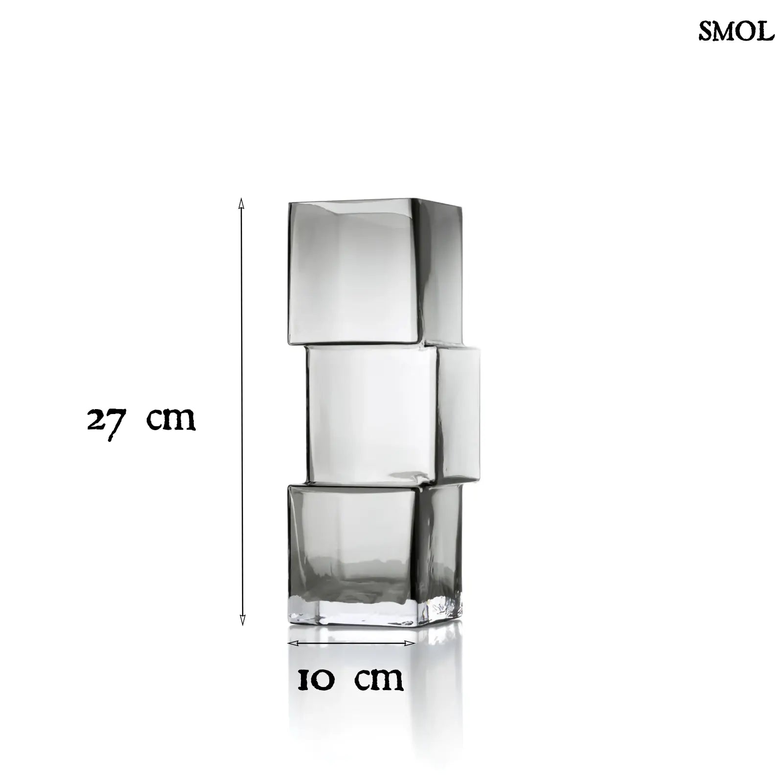 Függőlegesen elrendezett, három kocka alakú sötétszürke üveg váza, méretekkel