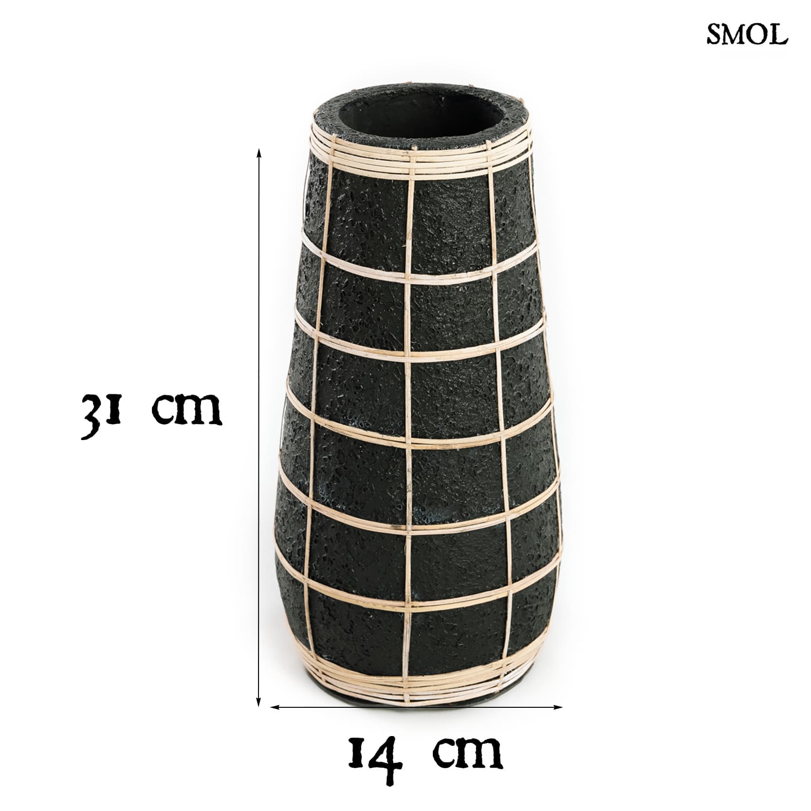 Váza - rattannal, fekete, 31 cm | LOVEY - smol.hu - méretekkel