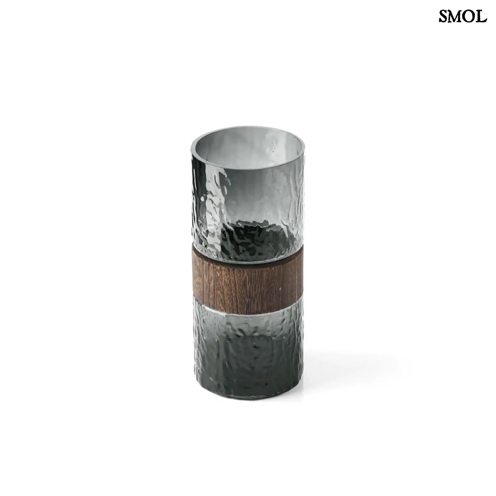 Sötétszürke textúrált üveg váza, barna fa berakással, felülről