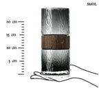 Sötétszürke textúrált üveg váza, barna fa berakással, méretarányosan