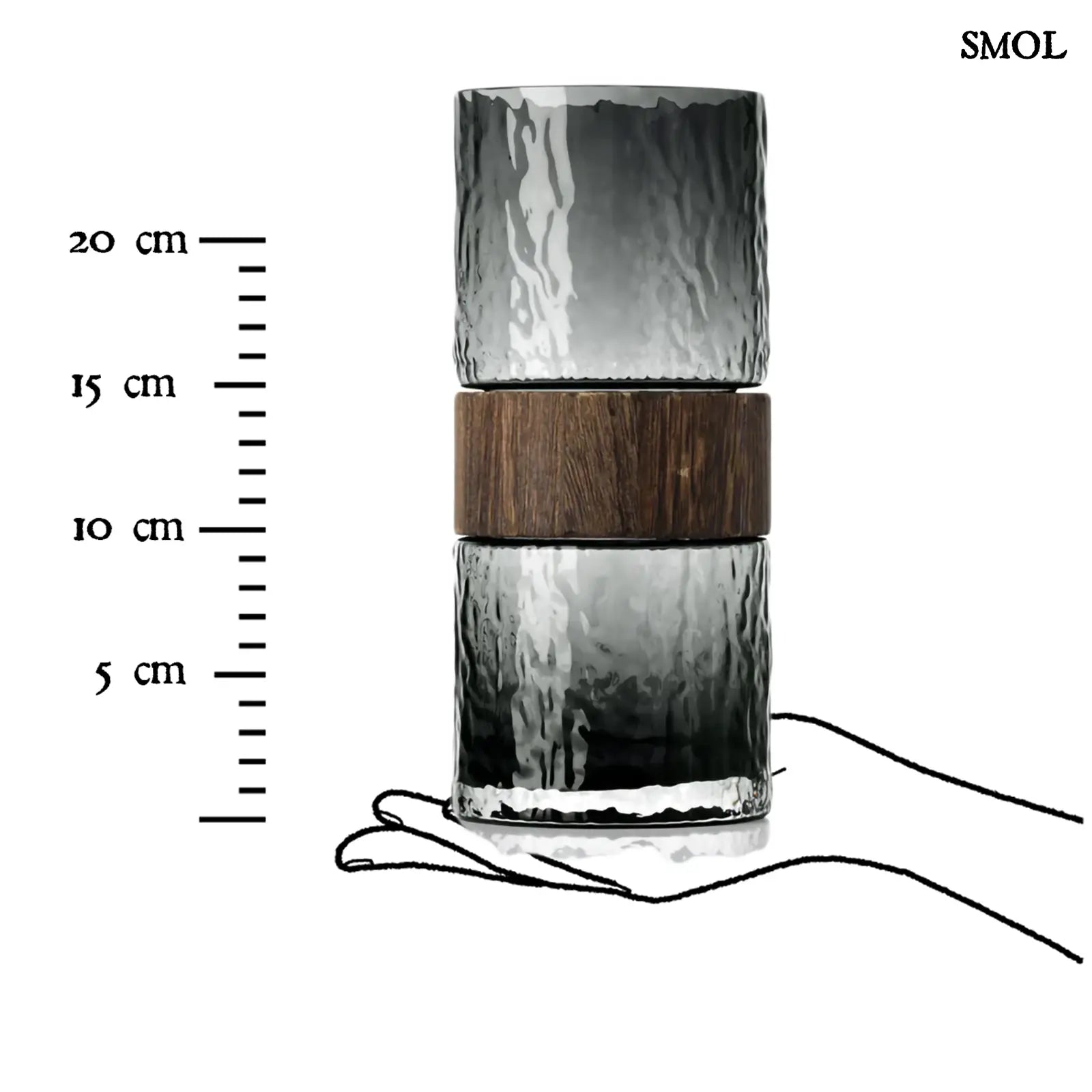 Sötétszürke textúrált üveg váza, barna fa berakással, méretarányosan