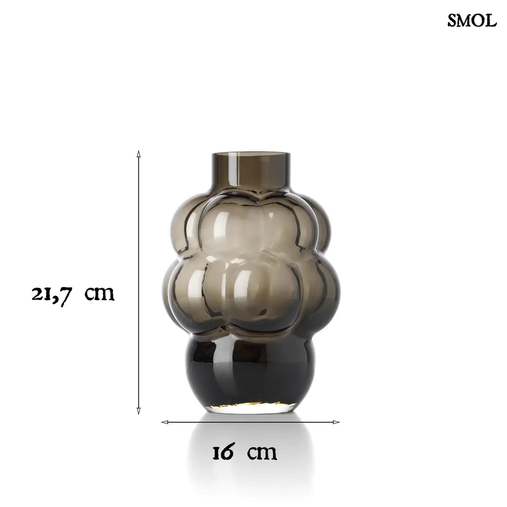 Sötétszürke luxus szürke üveg váza, buborékos szőlőfürt design formában. Újrahasznosított, kézműves termék, méretekkel